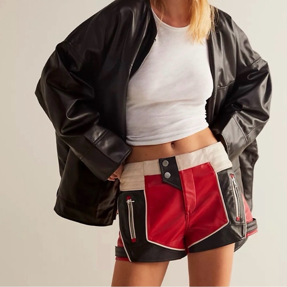 Free People Red Black and White Colorblock Leather Jean Shorts